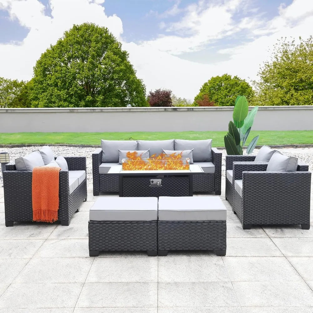 Outdoor Propane Fire Pit Table Patio Furniture Set- No-Slip Cushions and Waterproof Covers