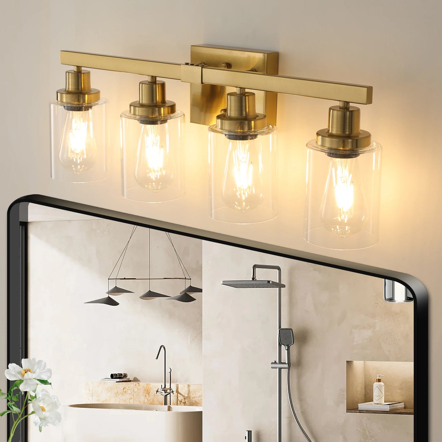 4 Lights Gold Bathroom Vanity Mirror Wall Sconce with Glass Shade