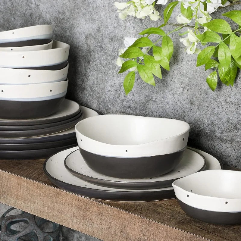 Double Bowl Stoneware Dinnerware Set, Service for 4 (16pcs), White and Black