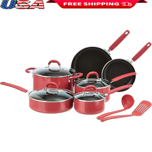 12pc Nonstick Aluminum Cookware Set, Red