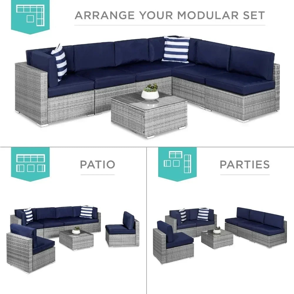 Modular Outdoor Sectional Wicker Patio Conversation Set w/ 2 Pillows, Coffee Table, Cover Included