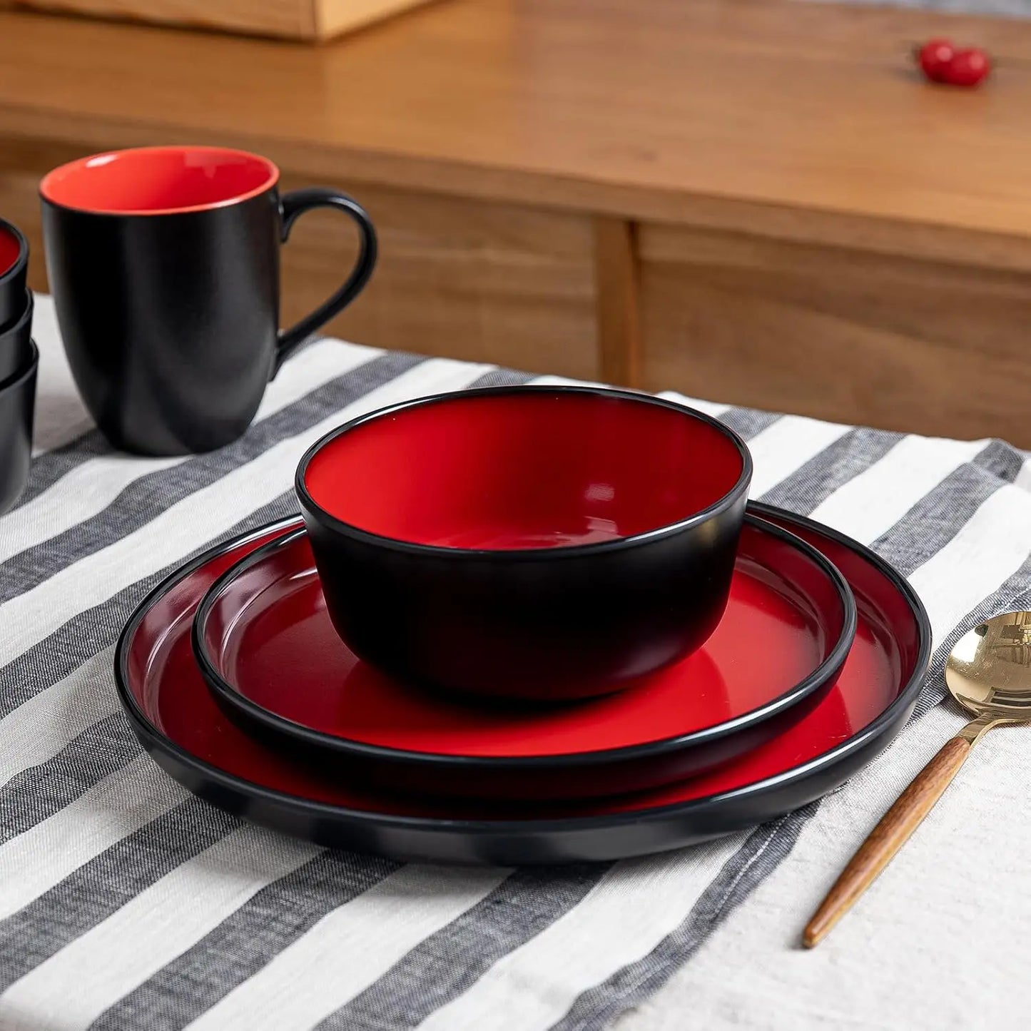 12-Piece Luxury 2 tone Red and Black Melamine Dinnerware Set