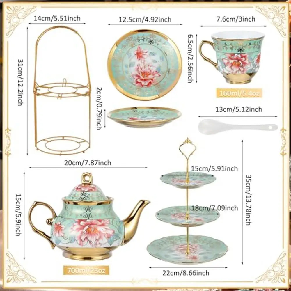 3-Tier 21-Piece European Porcelain Tea Set with Metal Holder