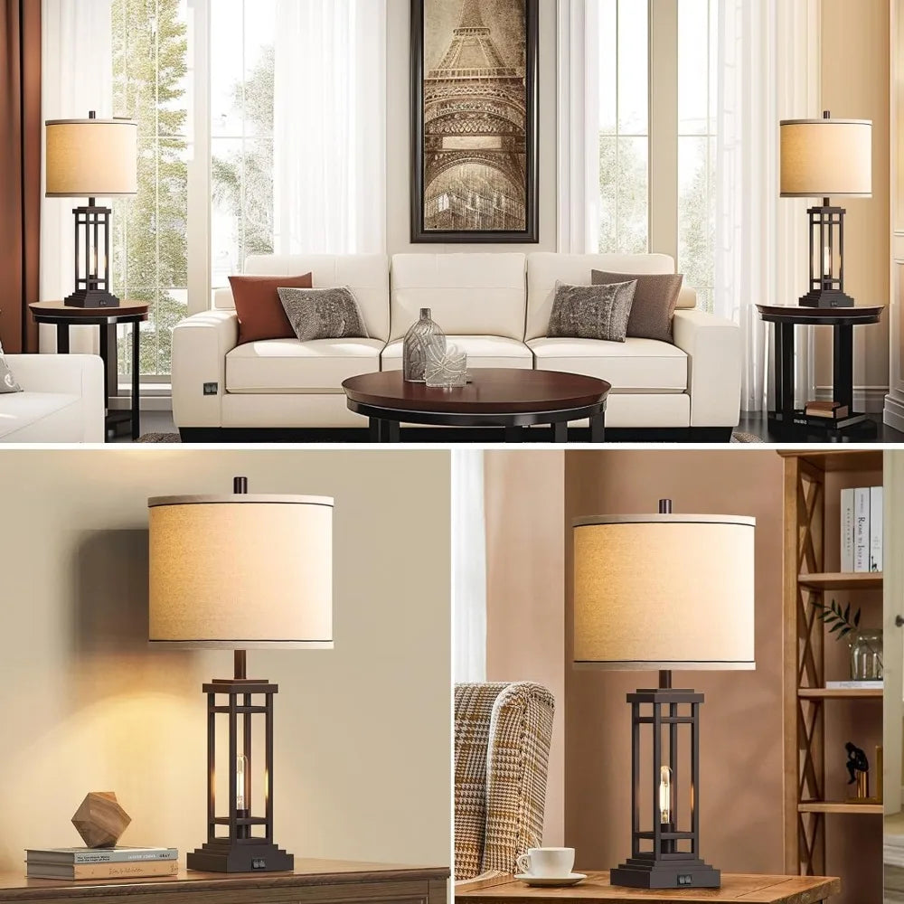 27.5 Tall Farmhouse Table Lamps with USB C + USB A Charge Ports, Set of 2