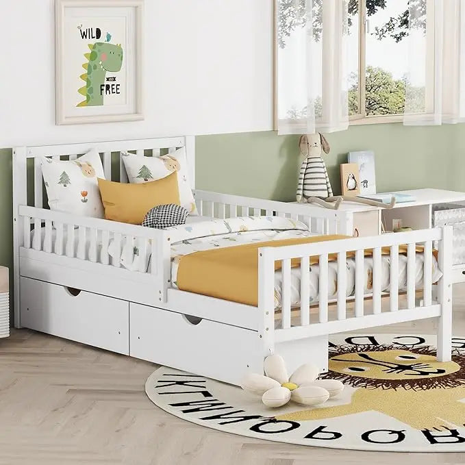 Kids Low Platform Twin Bed with Guardrails