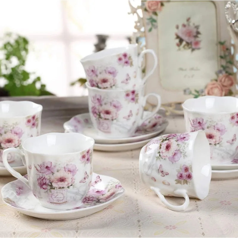 12 pcs Purple Floral Porcelain China Tea Cups and Saucers Set