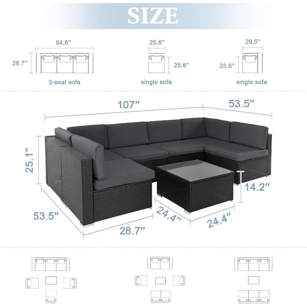 All-Weather 7 Piece Outdoor Sectional Sofa, Modern Glass Coffee Table Patio Furniture Set