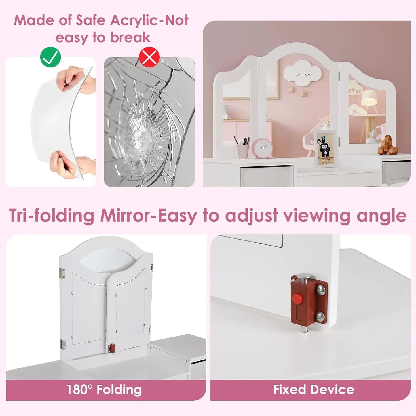 Kids' Vanity Set, Makeup Table For Little Girls With Tri-Folding Mirror And Stool