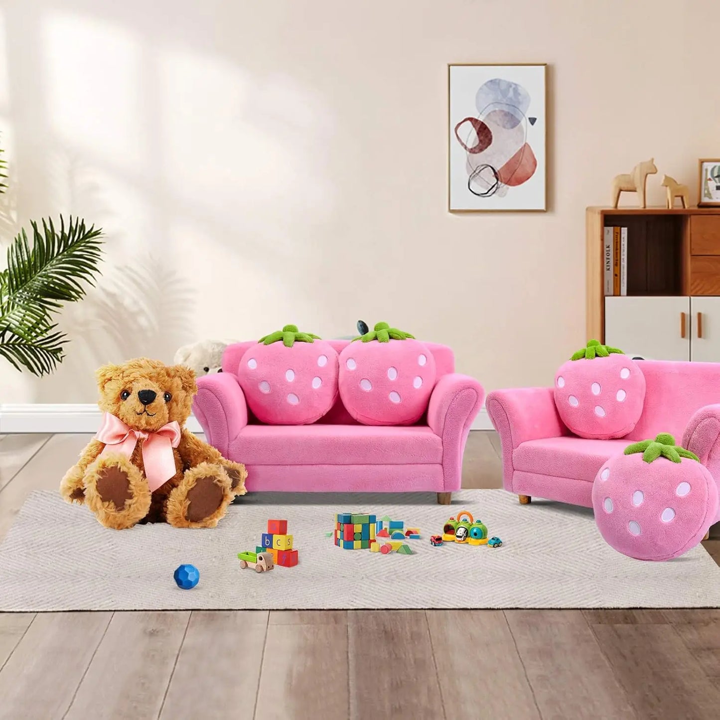 Coral Fleece Surface, Toddler Couch with Two Strawberry Pillows