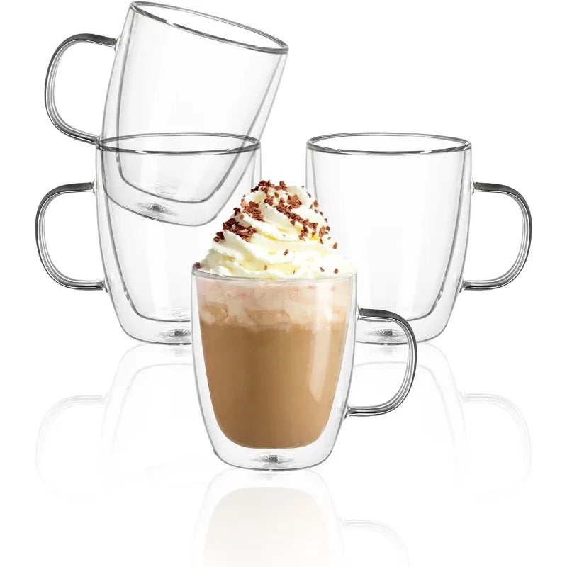 12.5 oz Clear Double Walled Glass Coffee Mugs - Set of 4