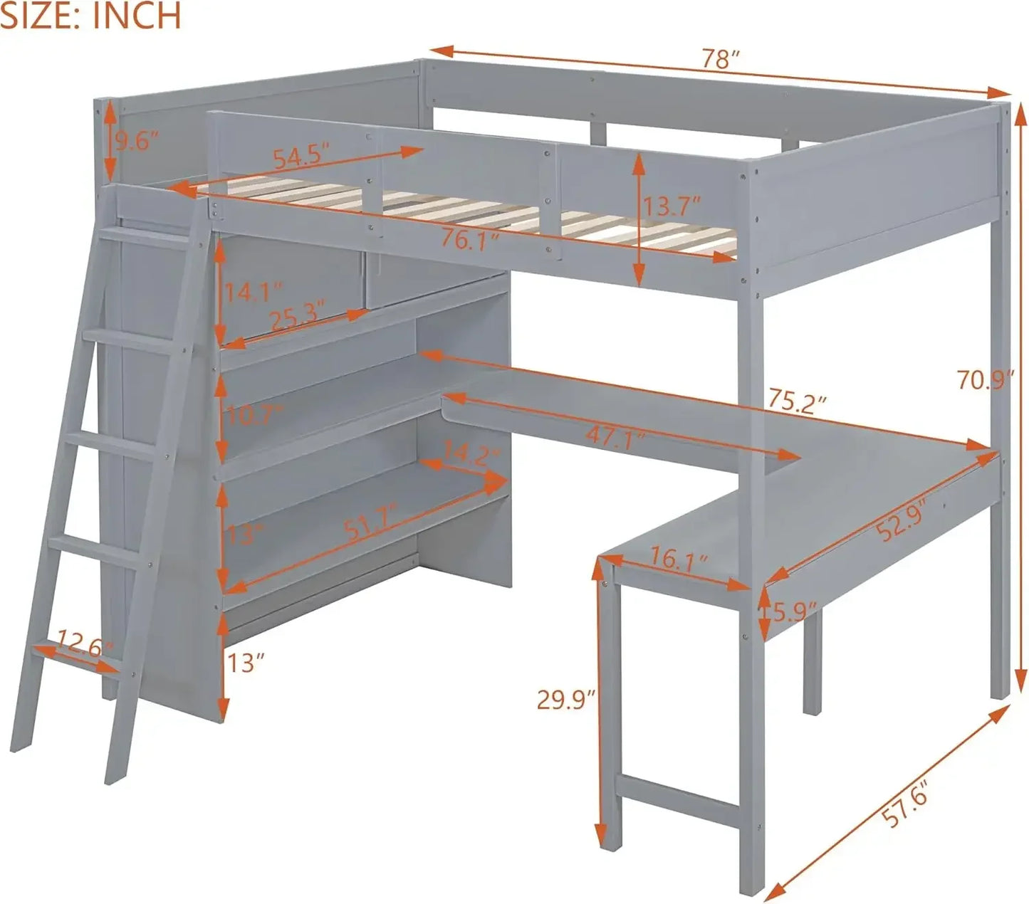 Full Size Loft Bed Frame with Wardrobe and Desk