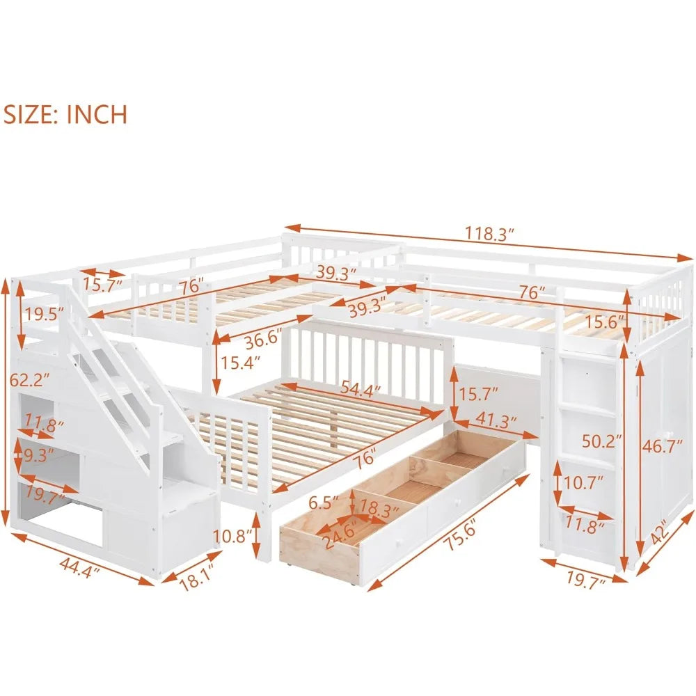 Twin-Twin Over Full L-Shaped Bunk Bed with Desk, Wardrobe, 3 Drawers and Ladders