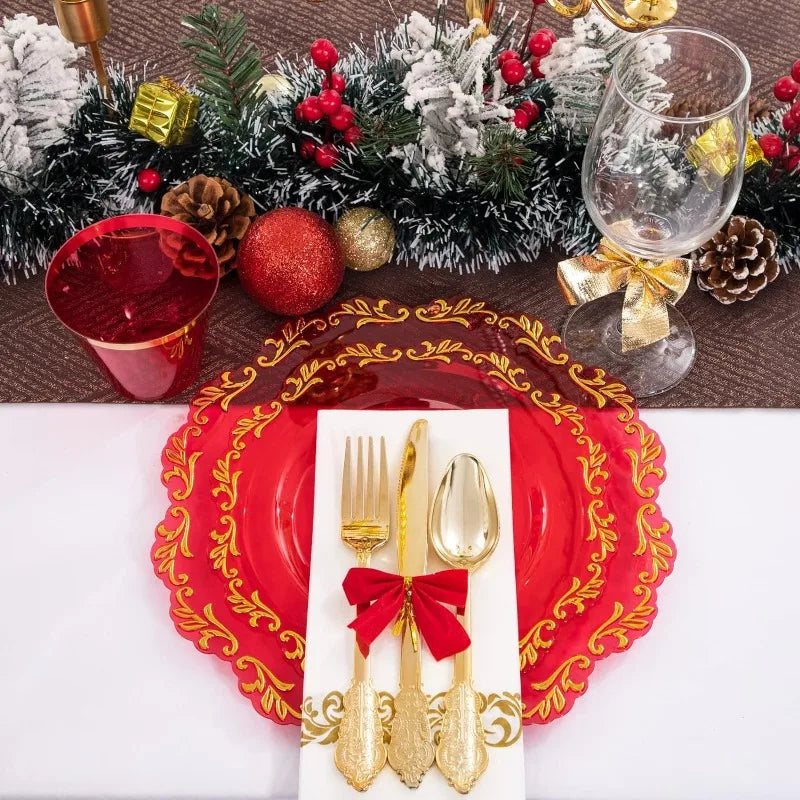 175PCS Clear Green Plastic Plates & Gold Plastic Silverware & Clear Green Cups & Gold Napkins, Service 25 Guest