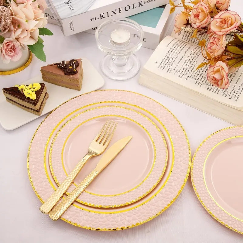 150PCS Clear-Gold Plastic Plates - Gold Plastic Silverware with Glitter Handle - 30 Guests