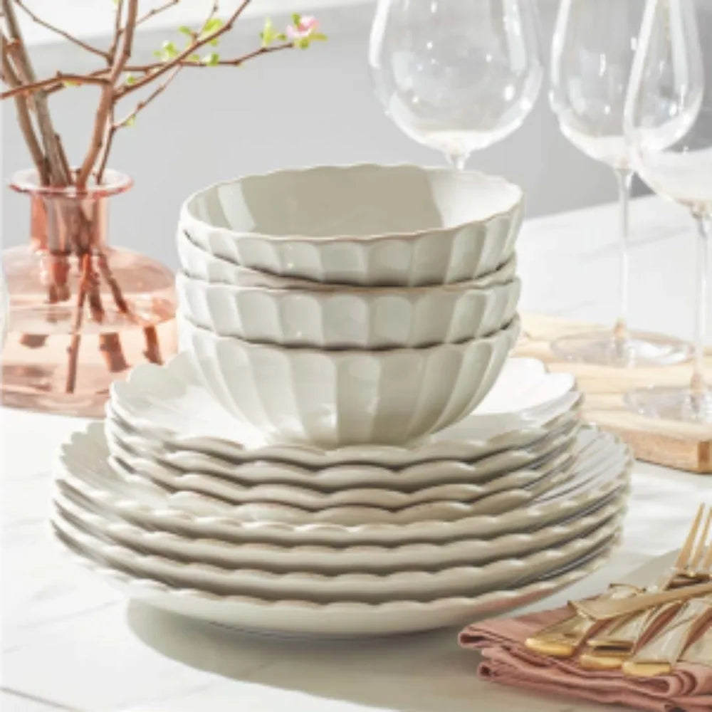 12-Piece French Perle Scallop Dinnerware Set, White