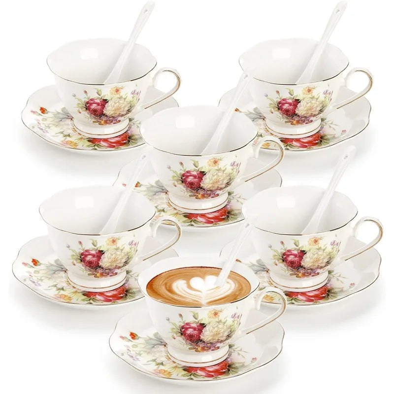 Floral Tea Cups and Saucers Set of 6, with Gold Trim, 6 oz