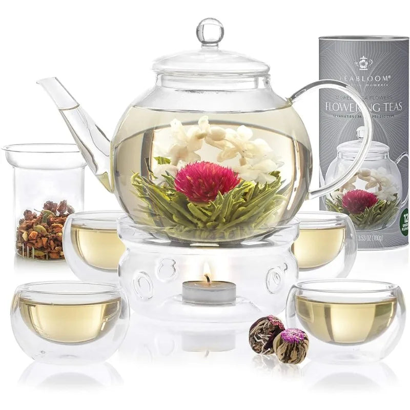 Complete Elegant Tea Set – Teapot (40 OZ), Loose Tea Infuser, 4 Insulated Glass Teacups, Tea Warmer, and 12 Flowering Teas