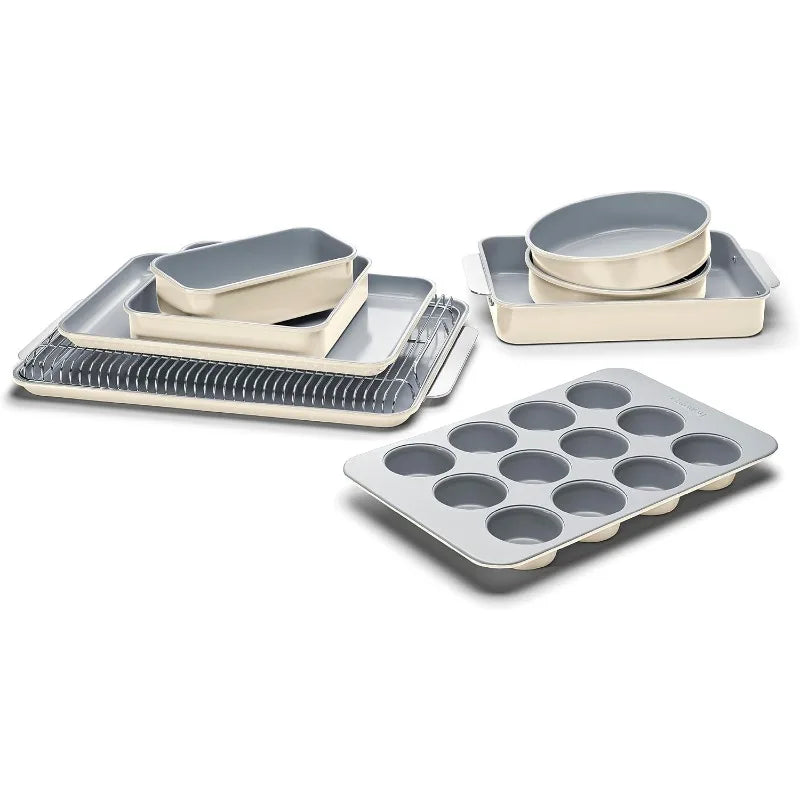 Nonstick Ceramic Bakeware Set (11 Pieces) - Baking Sheets, Assorted Baking Pans, Cooling Rack, & Storage