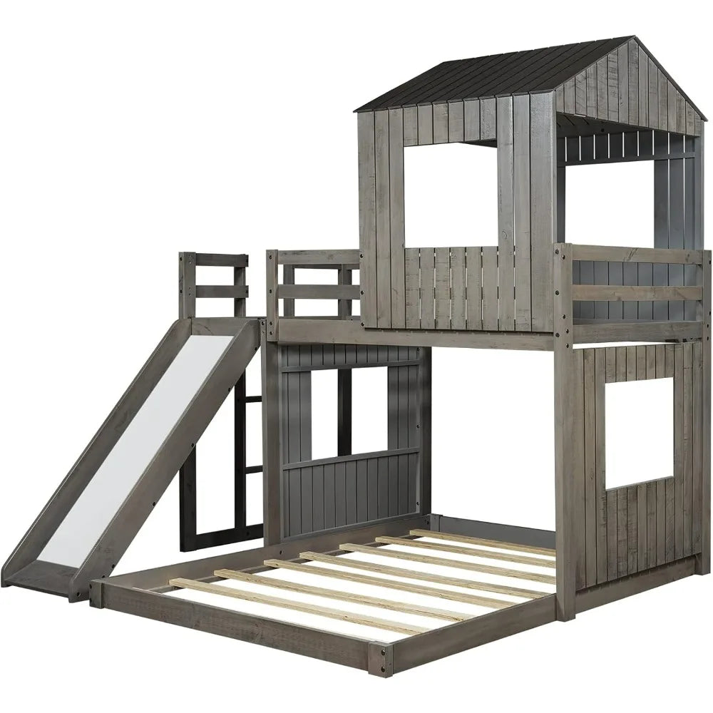 Twin Over Full Size, Wood Bunk Beds with Roof and Window, with Slide