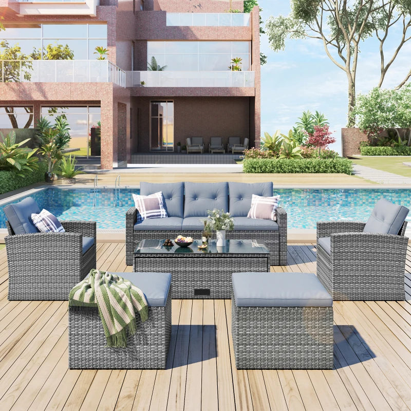 6-piece Wicker rattan Patio Outdoor Sectional Set with coffee table, wicker sofas, ottomans, removable cushions