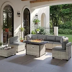 Modern 8-Piece Patio Set with 55k BTU Fire Pit, Grey