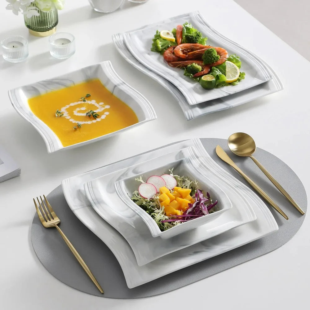 MALACASA FLORA 26-PIECE Nordic European Marble Gray Porcelain Tableware Set