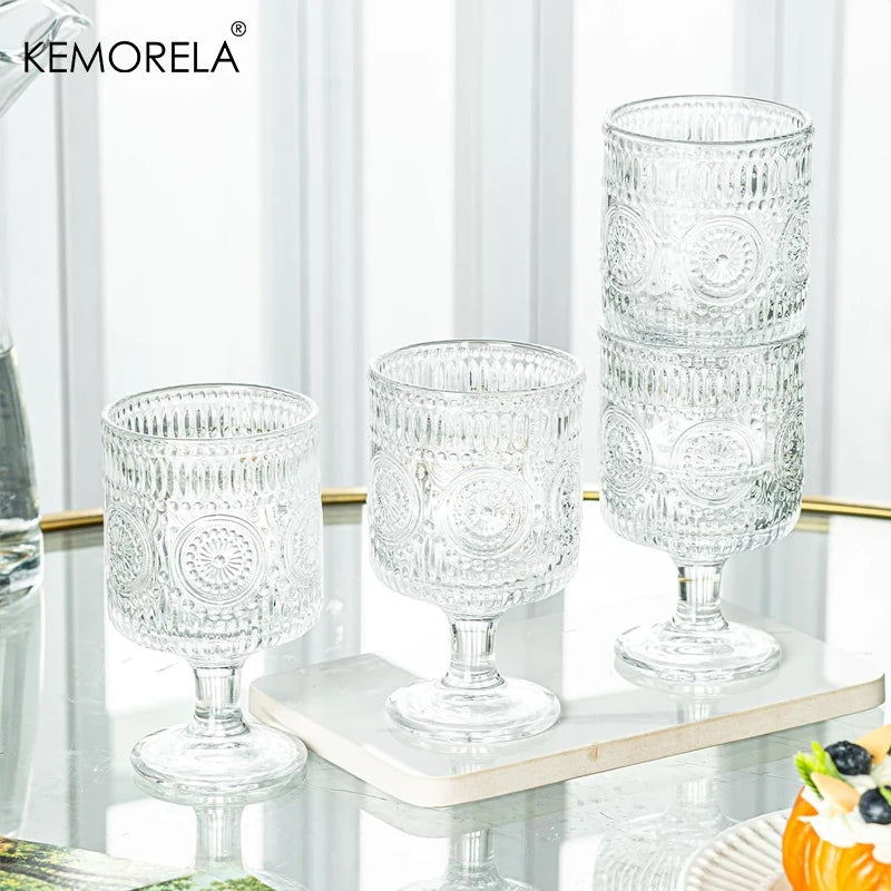 8PCS Romantic Vintage Goblet Glassware Charming Embossed Floral Cocktail Glass Set