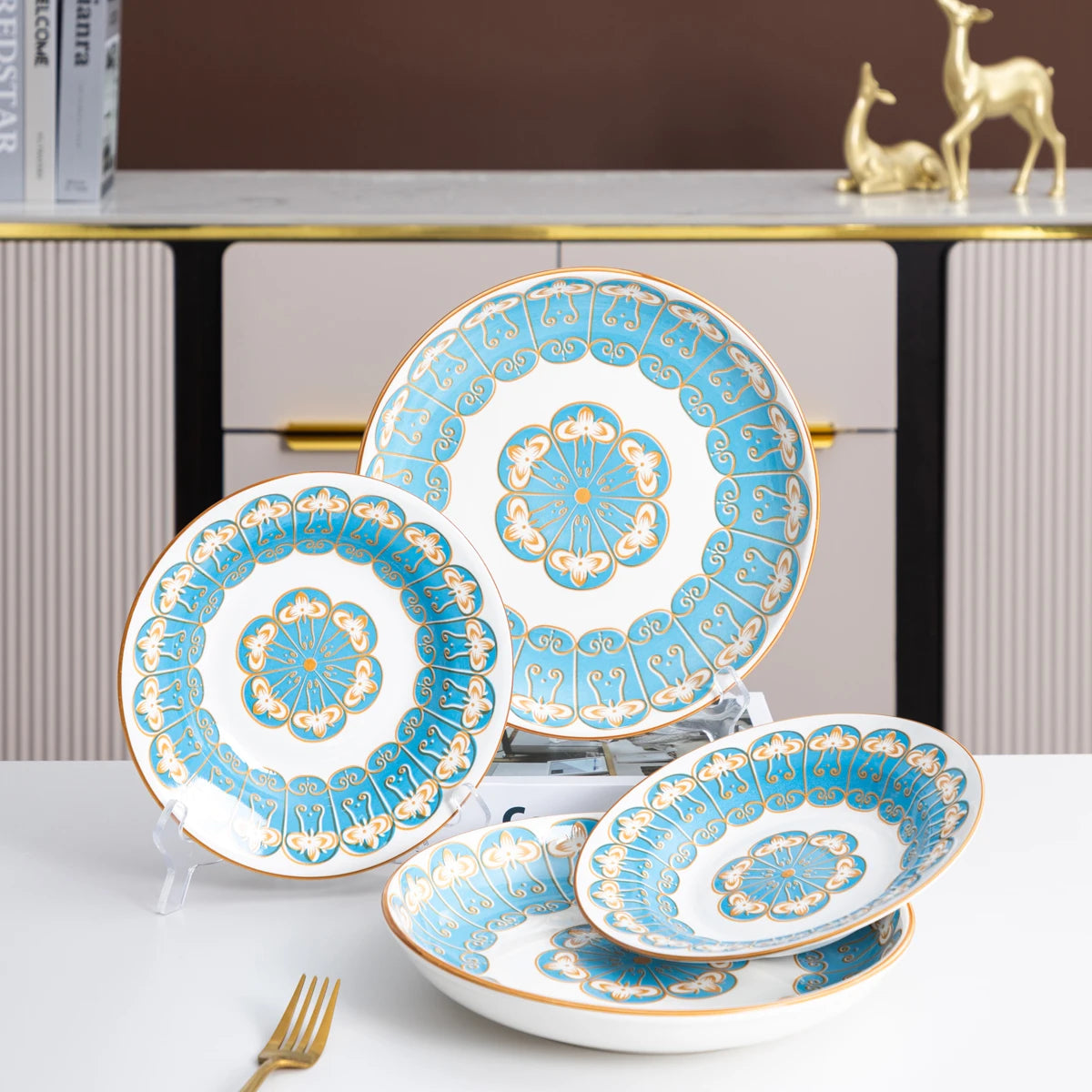 12 Piece Porcelain Dinnerware Set (Blue)