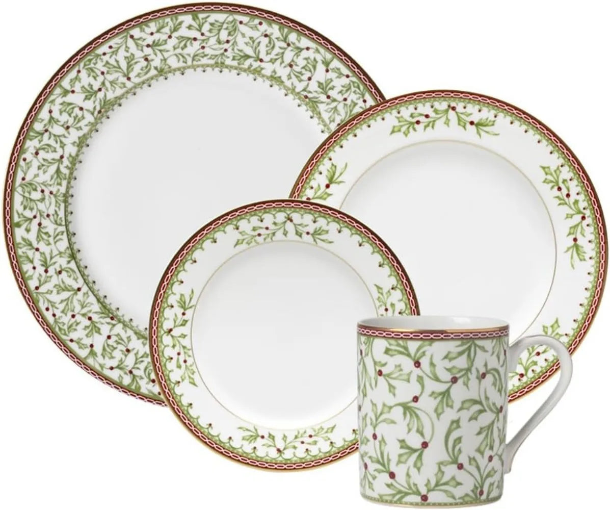 Mikasa Holiday Traditions Dinnerware Set with Mugs (16 Piece), Green, White