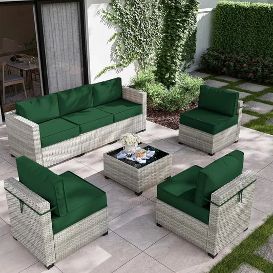 7-Piece Light Grey Gradient Wicker Patio Furniture Set with High-Resiliency Seat Cushions