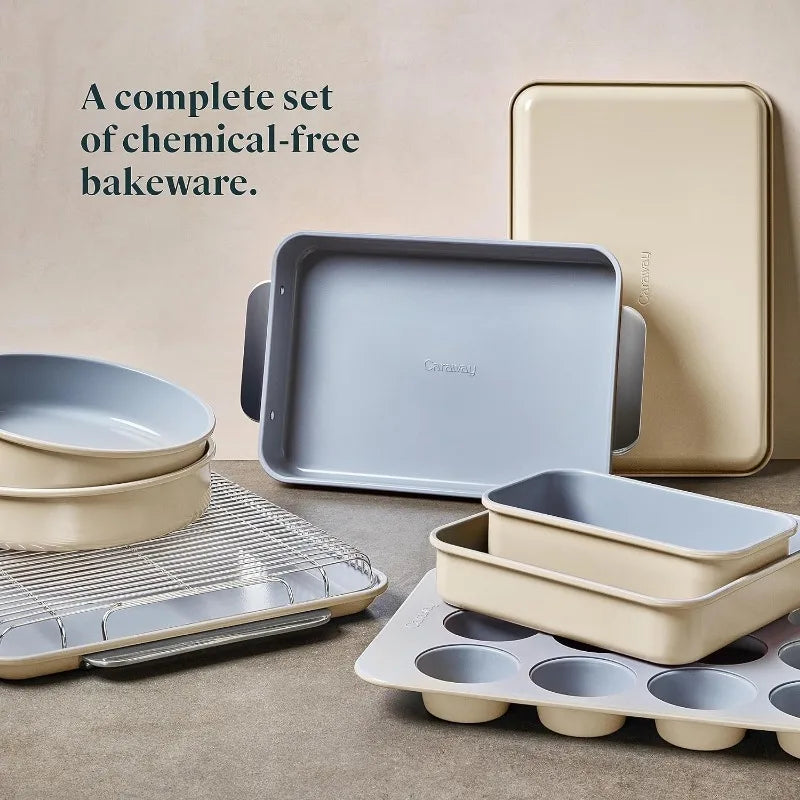 Nonstick Ceramic Bakeware Set (11 Pieces) - Baking Sheets, Assorted Baking Pans, Cooling Rack, & Storage