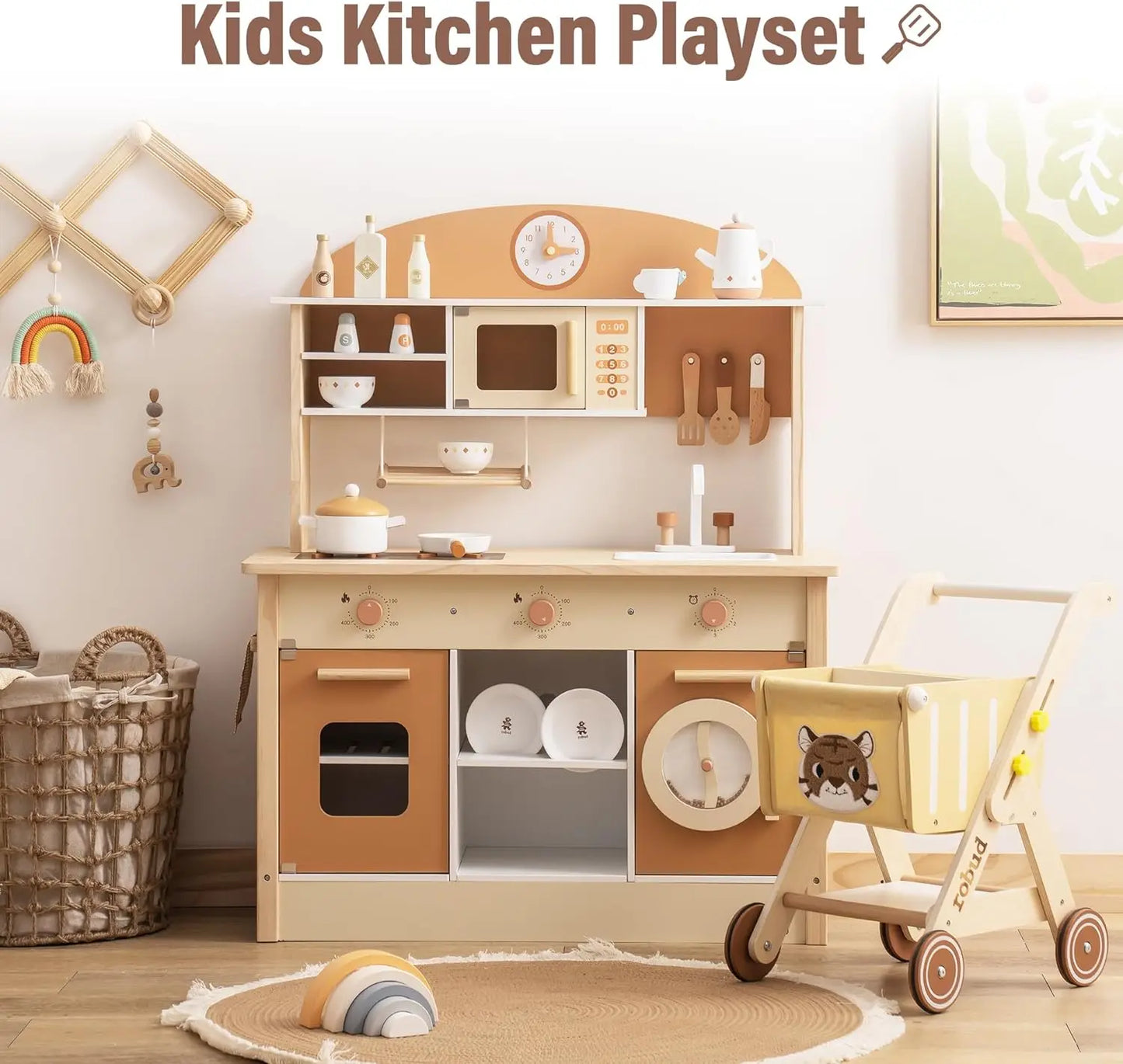 Wooden Play Kitchen with Realistic Accessories