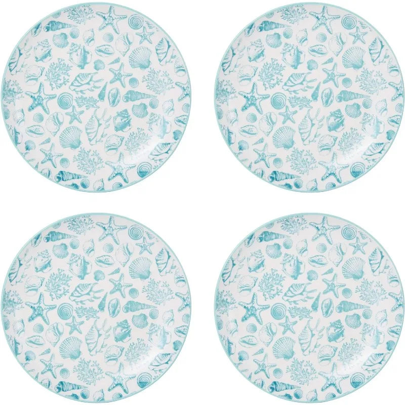 Aqua/White -16-Piece Stoneware Dinnerware Set, Service for 4, Dishwasher and Microwave Safe,