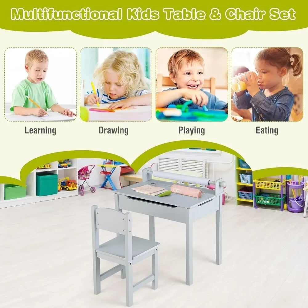 Kid's Wooden Lift-Top Desk & Chair Activity Table Set with Storage, Paper Roll Holder & Pen Slot