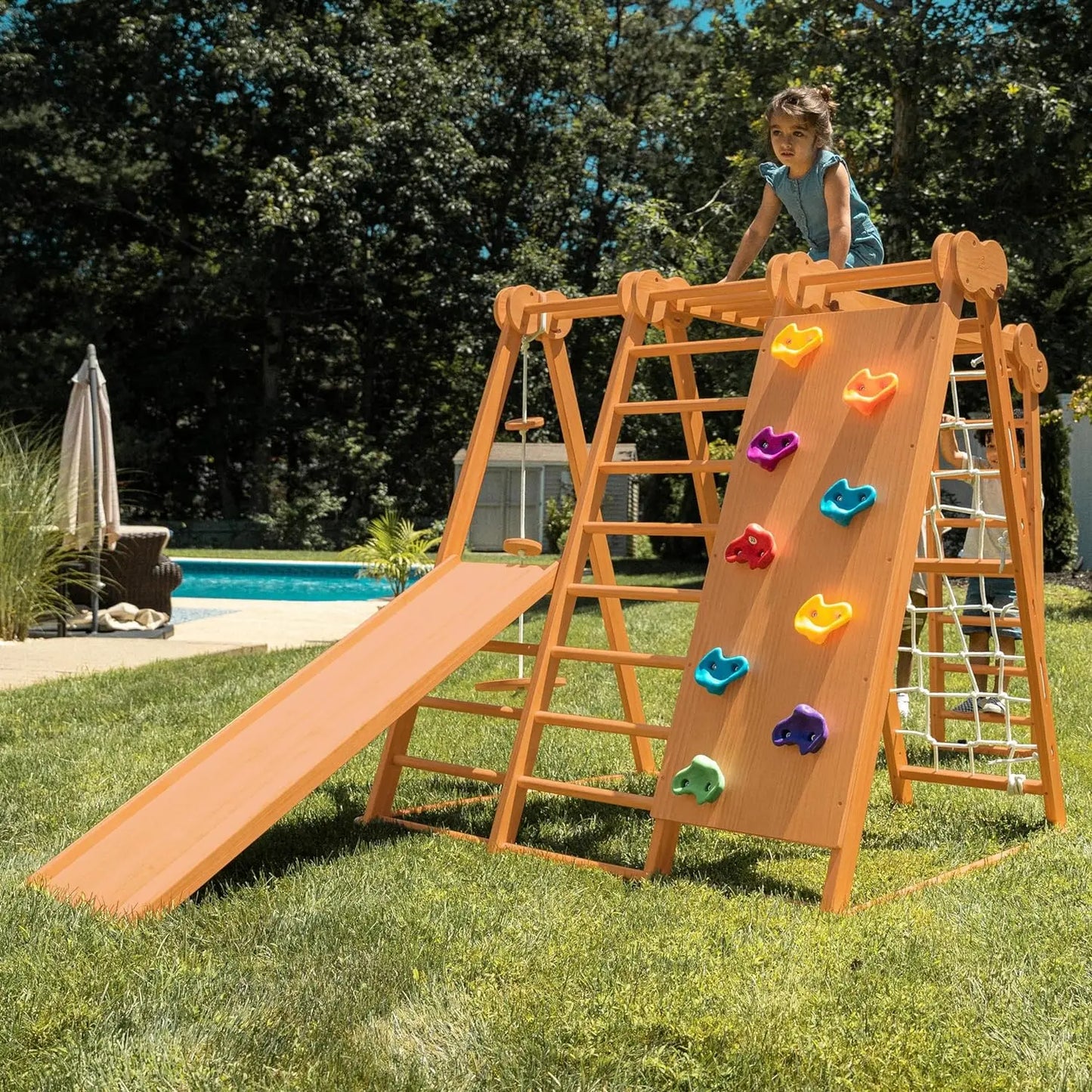 Chestnut 8-in-1 Indoor Foldable Playset for Kids - with Slide, Climbing Wall, Monkey Bars, Swing