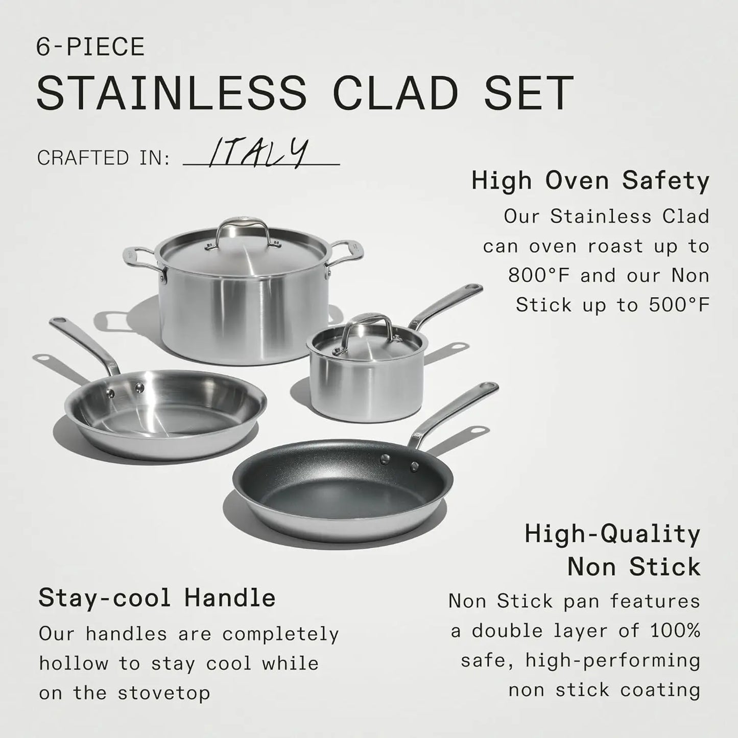 6 Pc Stainless Steel 5 ply Clad Professional Cookware Set