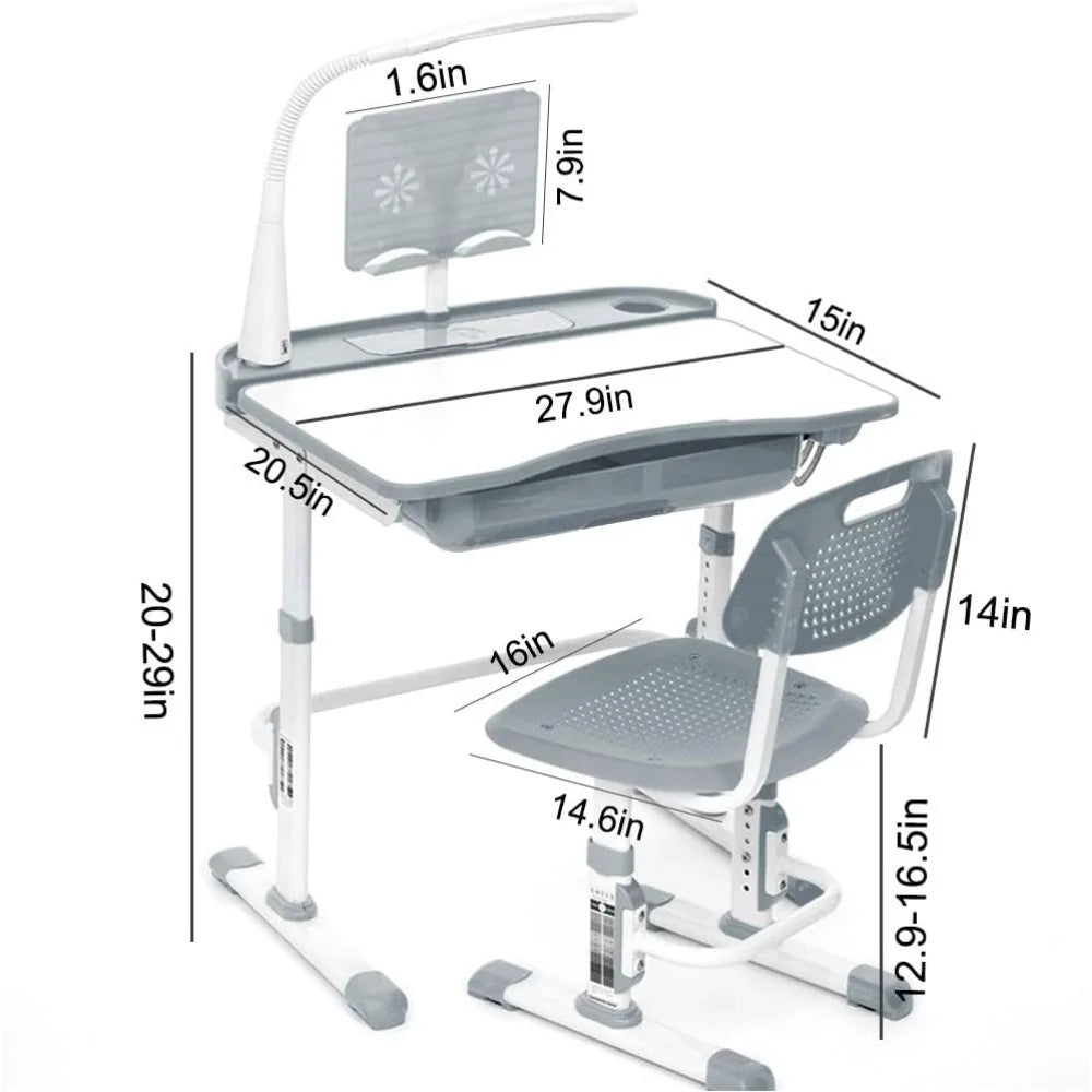 Kids Desk and Chair Set with Tilt Desktop, Bookstand, LED Lamp