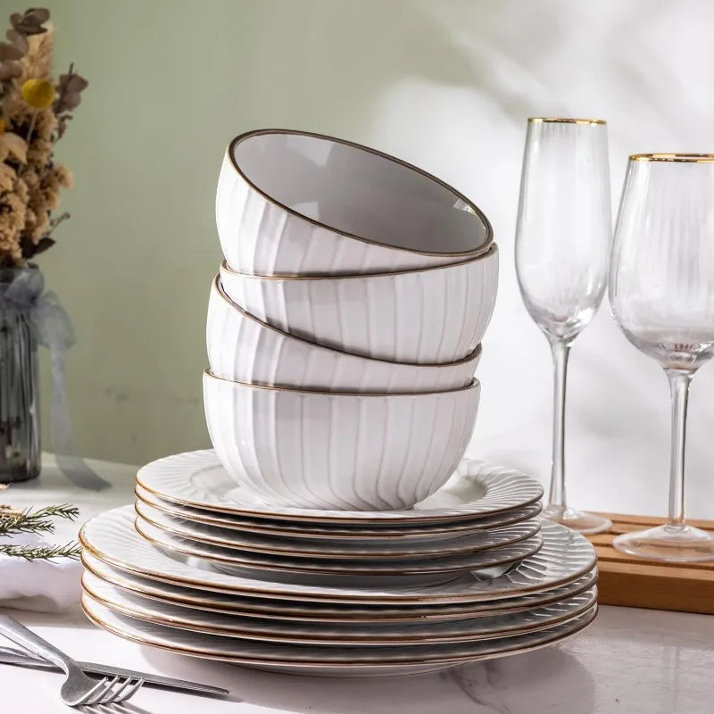 Embossed Elegant Stoneware Plates and Bowls Sets