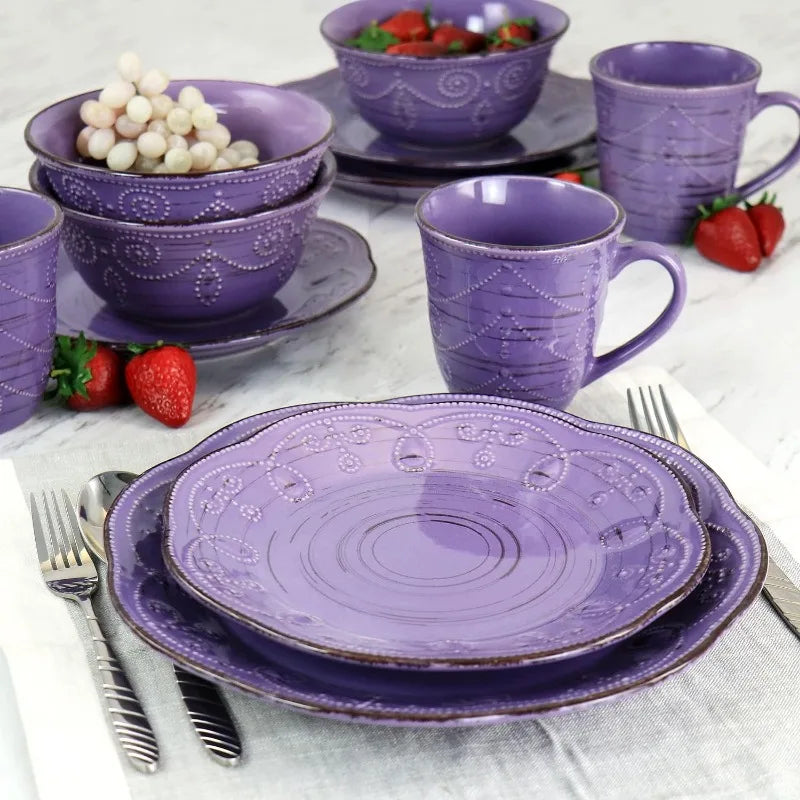 16 Piece Embossed Scalloped Stoneware Round Dinnerware Set