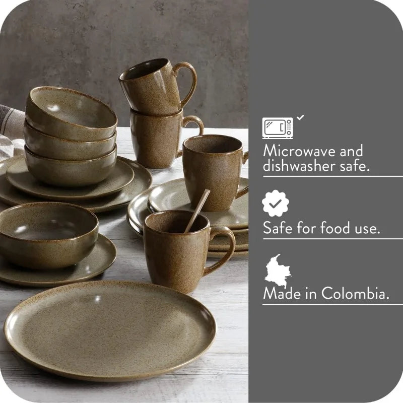 16-piece Earthenware, Natural, Ceramic Sets for 4, Microwave and Dishwasher Safe