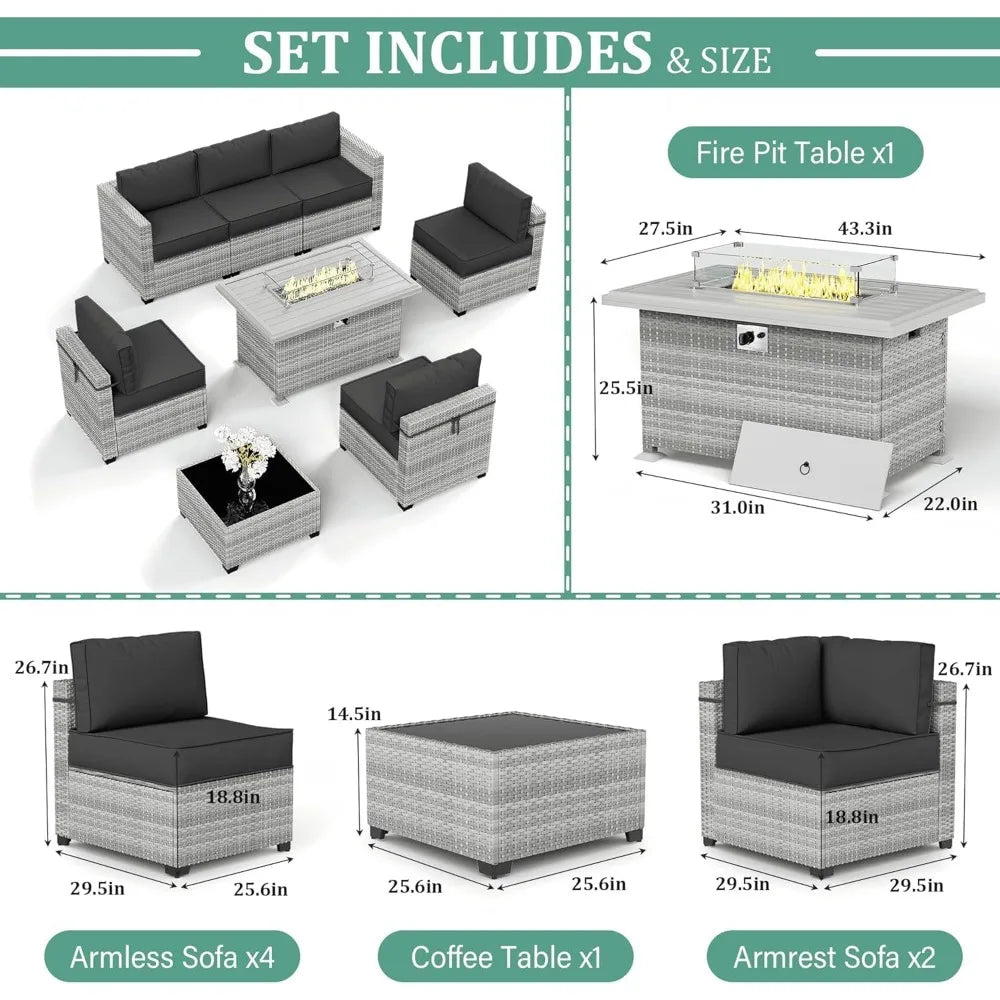 8 Piece Wicker Patio Furniture Set Includes 4 Center Sofas, 2 Corner Sofas, 1 Gas Fireplace Table, And A Tempered Glass Coffee Table