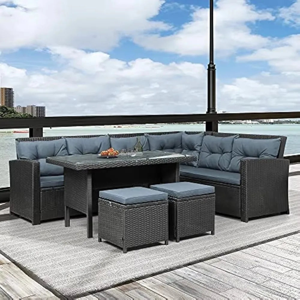 6-Piece Outdoor Sectional Sofa with Glass Table