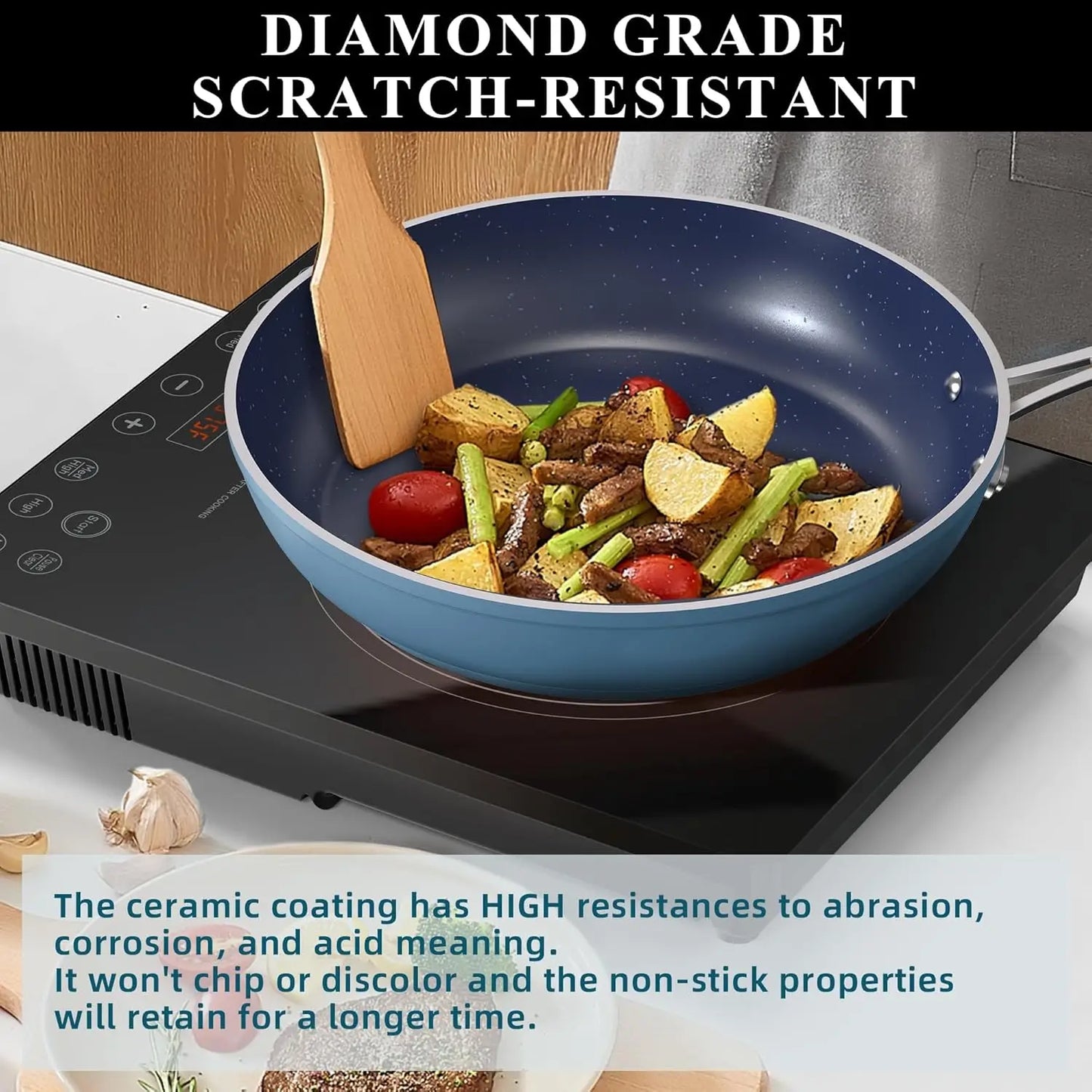 9Pc Healthy Duralon Blue Ceramic Nonstick Coated, Diamond Infused Scratch-Resistant, Cookware Set