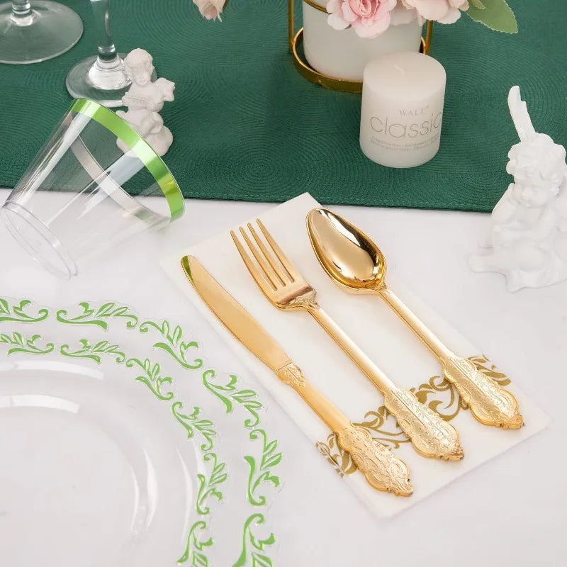 175PCS Clear Green Plastic Plates & Gold Plastic Silverware & Clear Green Cups & Gold Napkins, Service 25 Guest