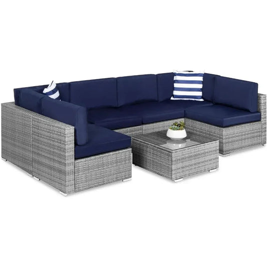 Modular Outdoor Sectional Wicker Patio Conversation Set w/ 2 Pillows, Coffee Table, Cover Included