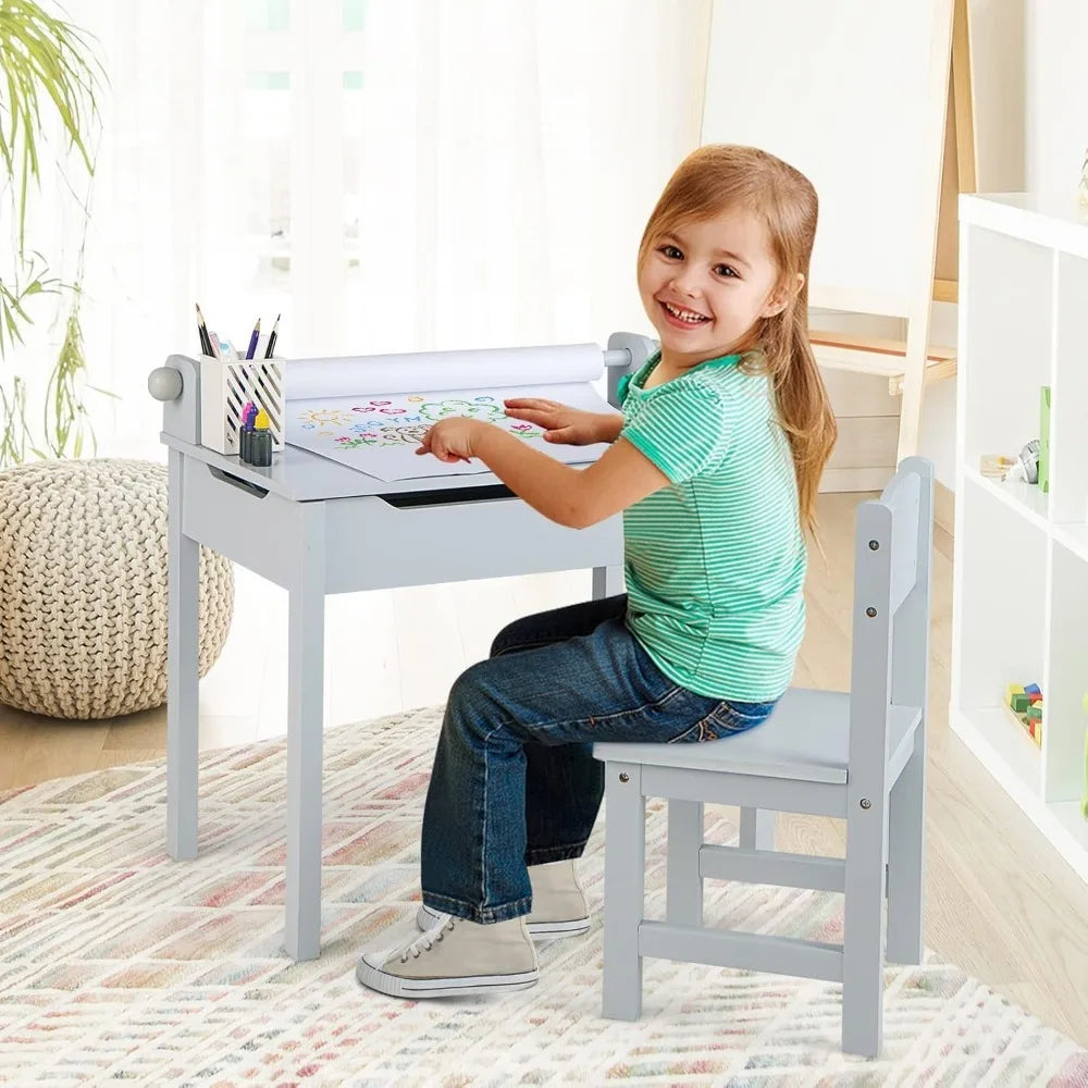 Kid's Wooden Lift-Top Desk & Chair Activity Table Set with Storage, Paper Roll Holder & Pen Slot