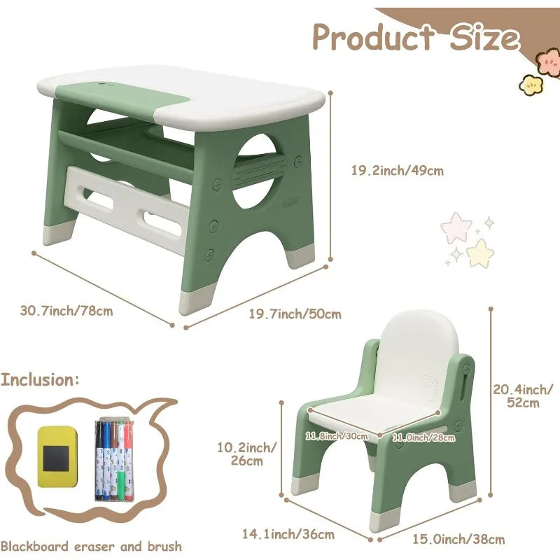 Kids Drawing Table and Chair Set with Watercolor Pen and Blackboard Eraser