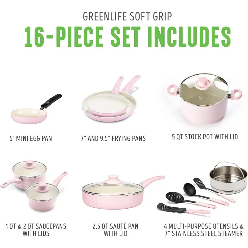 GreenLife- 16 Piece Soft Grip Healthy Ceramic Nonstick Cookware Set (Assorted Colors)