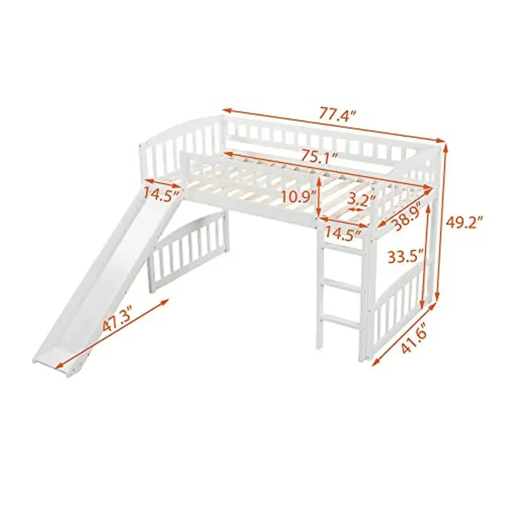 Kids' Wood White Pine Twin Loft Bed with Slide and Ladder