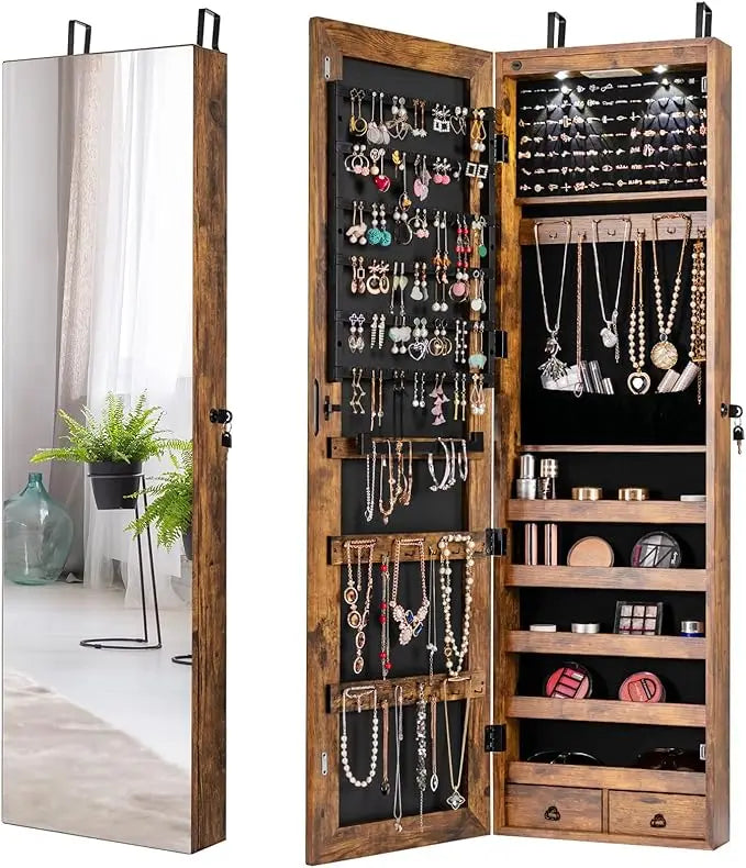 Lockable Large Jewelry Organizer Cabinet with Full-Length Mirror, 2 LEDs